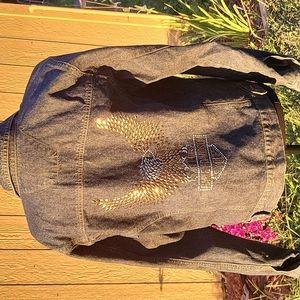 Harley Davidson denim jacket with metal embellishment on back Ladies med…